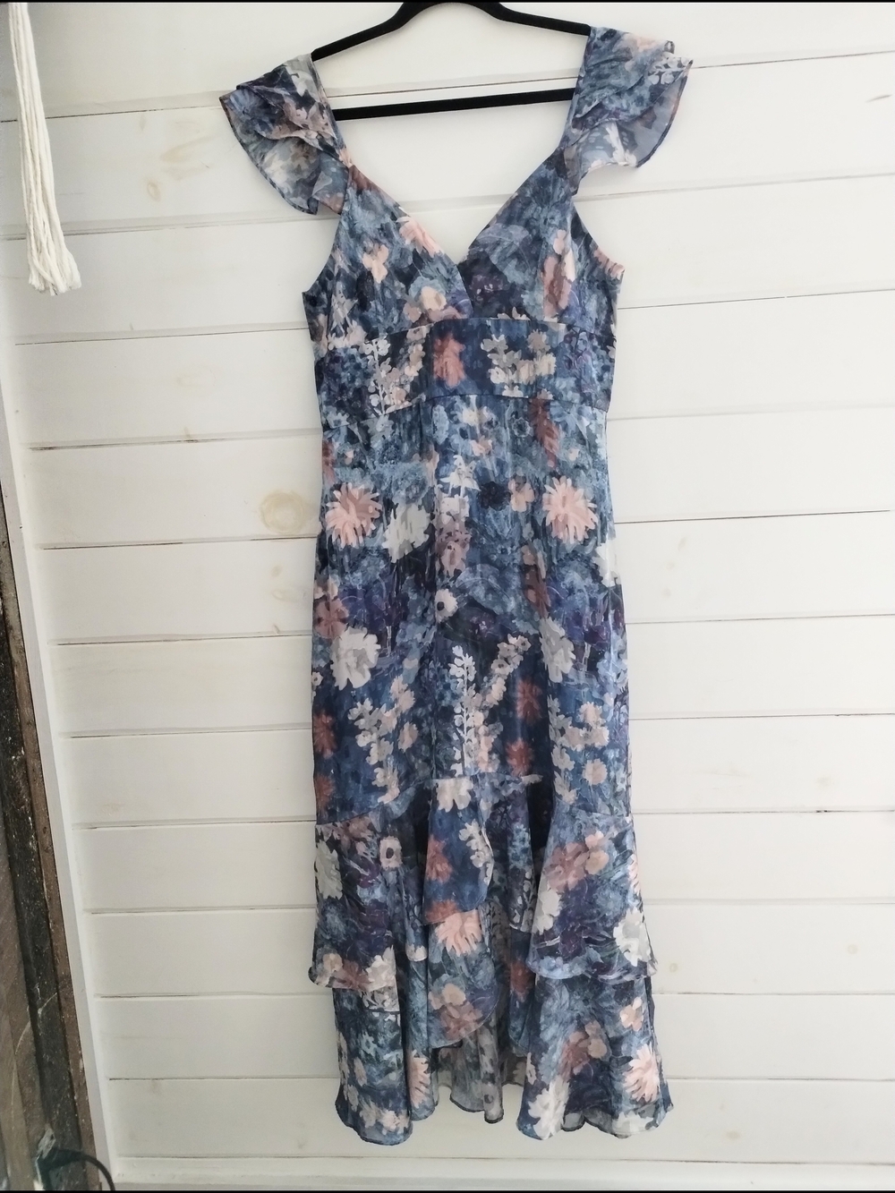 Anthropologie Hutch Floral Ruffle Midi Dress Blue Chiffon Empire Waist - Picture 2 of 13